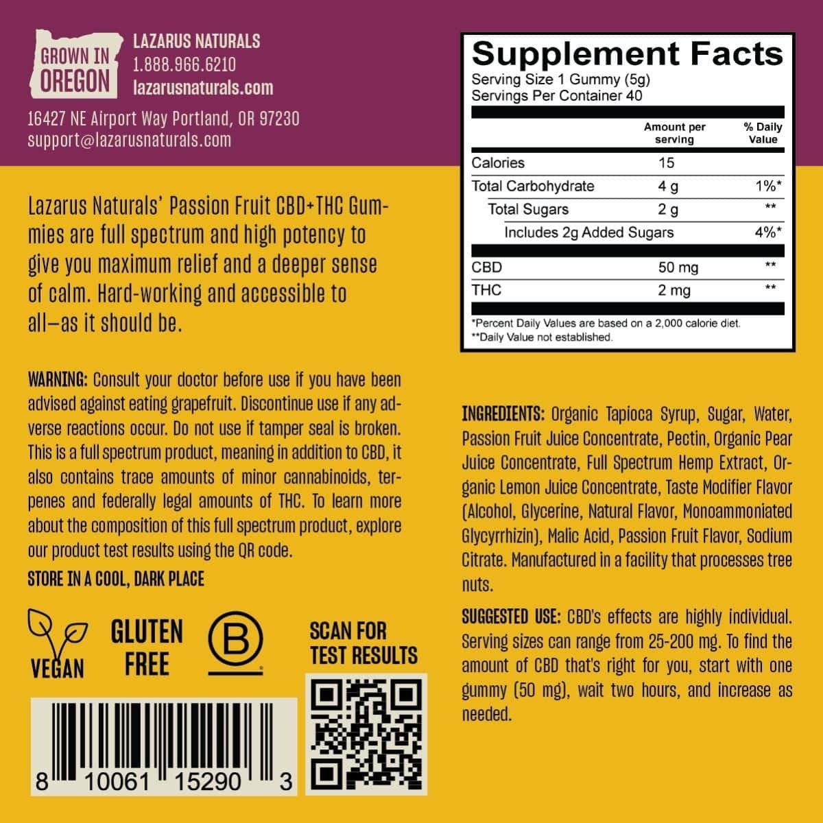 Lazarus Naturals, CBD + THC Gummies, Passion Fruit, Full Spectrum, 40ct, 80mg THC + 2000mg CBD France – Image 3