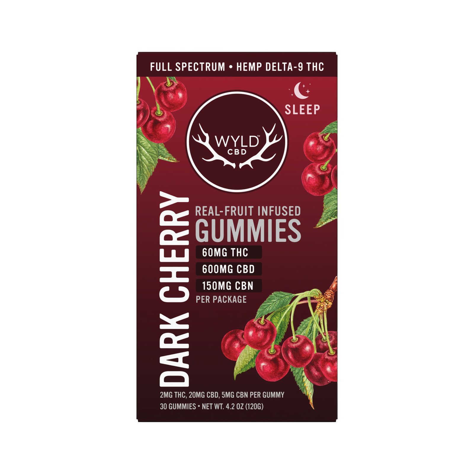 Wyld CBD, Dark Cherry Sleep CBD+THC Gummies, Full Spectrum, 30ct, 60mg THC + 150mg CBN + 600mg CBD France – Image 2
